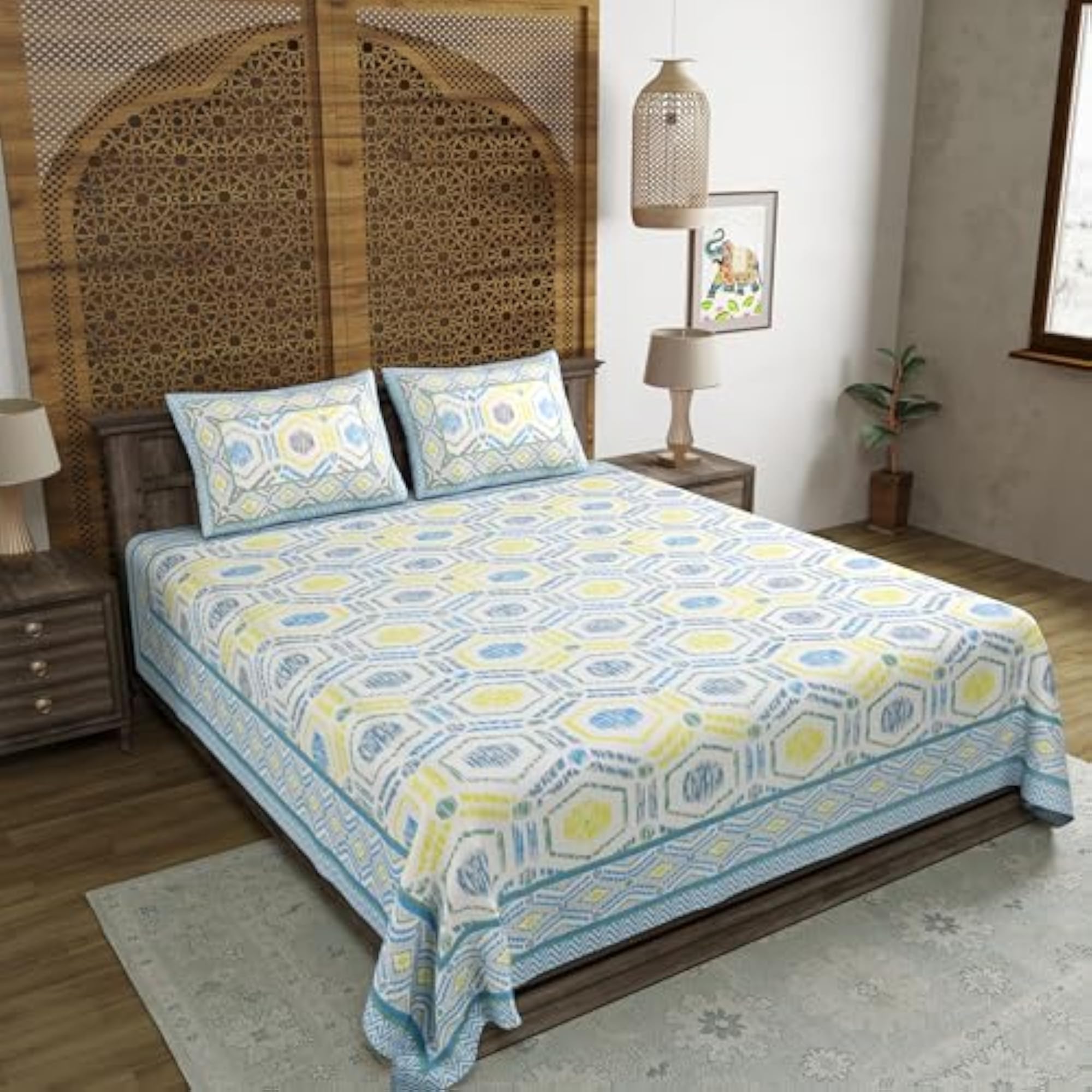 Hand Block Print Cotton King Size Double Bedsheet, Grey Ikat