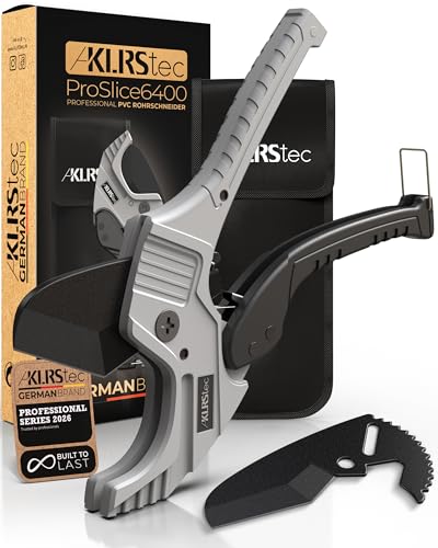 KLRStec ProSlice 6400 Professional PVC Rohrschneider Set [64 mm / 2-1/2] Profi Ratschen Rohrschere für PVC PE PP & Kunststoffrohre inkl. Ersatzklinge und Nylon Tasche mit Gürtelclip