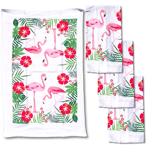Lobyn Value Packs – 4-Pack Flamingo Kitchen Towels, 15x25 Lightweight Cotton-Poly Blend, Absorbent Dish Towels with Tropical Summer Design
