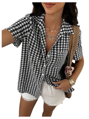 SweatyRocks Women's Short Sleeve Gingham Plaid Button Down