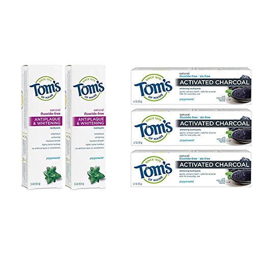 Tom's of Maine Fluoride-Free Antiplaque & Whitening Toothpaste with Tom's of Maine Activated Charcoal Toothpaste, Natural Toothpaste, Peppermint, Fluoride Free, 4.7 oz