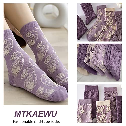 Image of 5 Pack Cute Womens Floral Socks, Vintage Embroidered Frilly Floral Ankle Cotton Cottagecore Socks