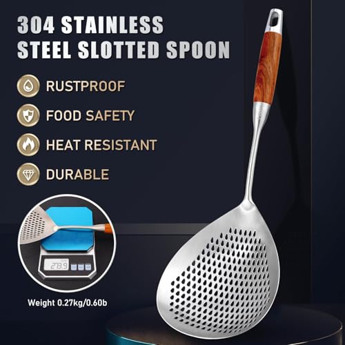 Image of 40 cm Stainless Steel Skimmer Spoon | 316 Grade Deep Fry Strainer with Wooden Handle | Heat Resistant Slotted Ladle for Frying, Cooking & Oil Draining