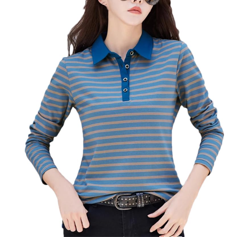 REHJJDFD Femmes Manches Longues Rayé Coton Polo Stretch Slim Tricoté Taille Shirt Top