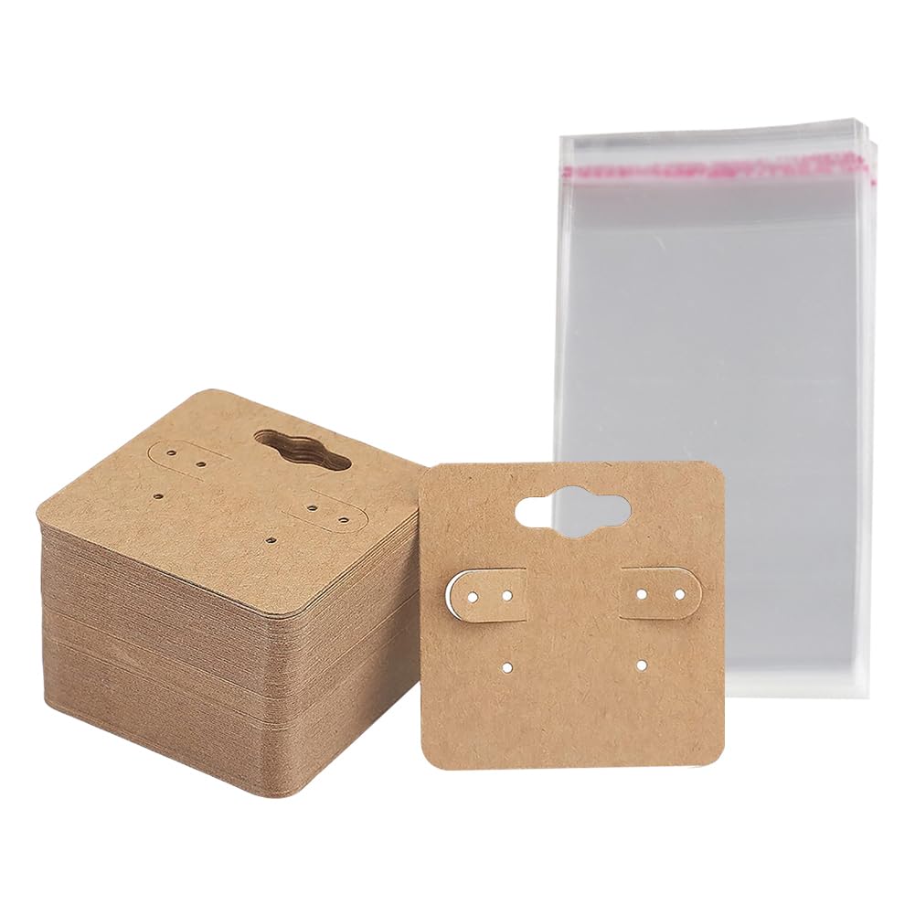 HugeDE 100Pcs 6 Holes Earring Cards Small Hanging Earring Display Cards Jewelry Earring Packaging Cards Earring Cardboard Holders with 100 Pcs Self Sealing Bags Kraft