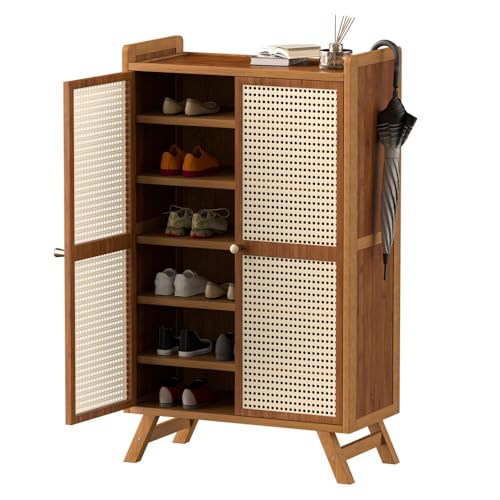 Meuble à chaussures en bambou et rotin à 2 portes coulissantes pour rangement de couloir fin