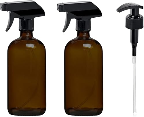 Miniatura 2 de Paquete de 4 botellas de agua recargables de plástico PET ámbar de 16 onzas con gatillo negro y bomba dispensadora de jabón, rociador vacío, niebla