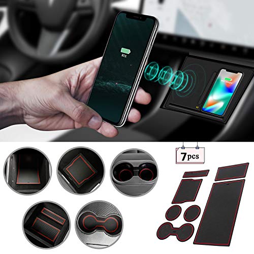 VXDAS Wireless Charger, Dual 10W QI Wireless Phone Charging Pad M3 Car Center Console for Tesla Model 3 Accessories Panel with 7pcs Custom Cup Mat Center Console Liner mat-Newest Upgrade