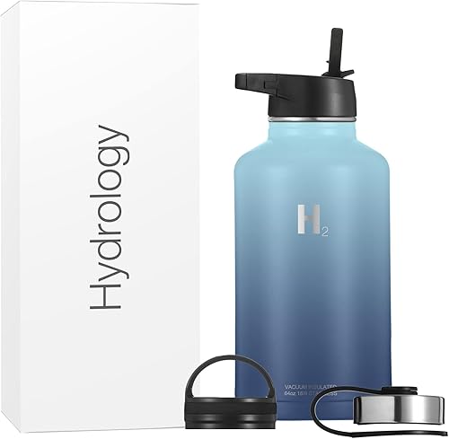 H2 Hydrology - Botella de agua deportiva de 18, 22, 32, 40 o 64 onzas con 3 tapas, termo de acero inoxidable de doble pared con aislamiento al vacío