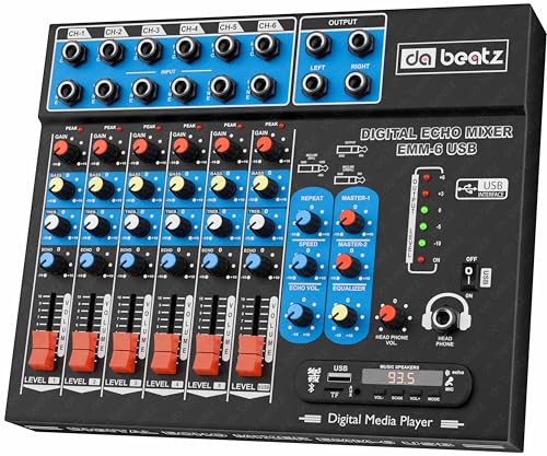 Image of da.beatz. 6-Channel Stereo Echo DJ Sound DJ Mixer with USB and Bluetooth for Parties, Stage Effects, Weddings, Diwali Giving Your Occasion an Impressive Output. (Black) (EMM-6U)