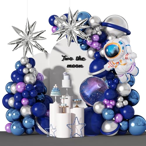 Amandir139pcs Space Balloon Garland Arch Kit Outer Space Birthday Decorations with Blue Purple Silver Galaxy Astronaut Foil Balloons for Boys Themed Birthday Party Decoration Supplies