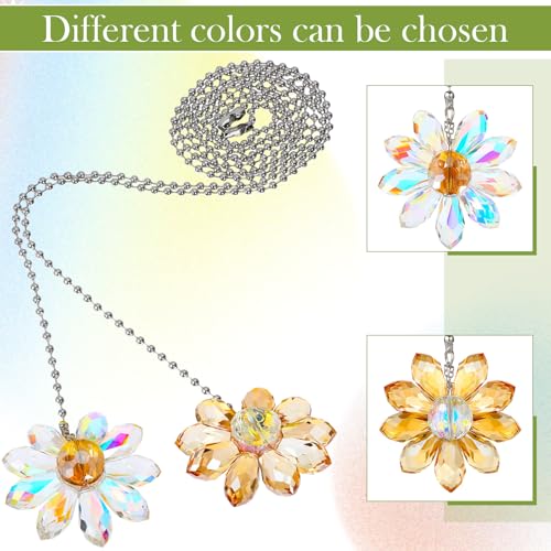 Image of Threehoney 4 Pieces Ceiling Fan Pull Chain Extender Light Pull Light Chain Extender Pack for Ceiling Fans Extension Pack Crystal Glass Flower Pendants with 22.8 Inch(Gold)