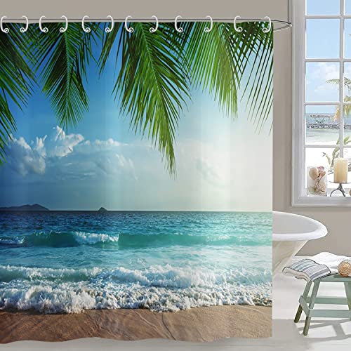 Hnmdmyi Rideau de Douche Océan Plage 180x200, Paysage côtier Vague de mer Feuilles de Palmier...