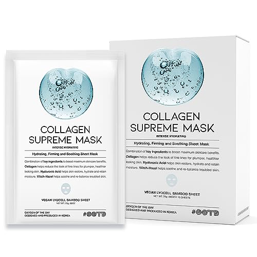 Collagen Hydrating Sheet Masks for Face Korean Anti Aging Mask Sheet for Dry Skin & Sensitive Skin, EVE Vegan, Not Tested on Animals, No Parabens, No Sulfates, Hyaluronic Acid, Witch Hazel 10EA