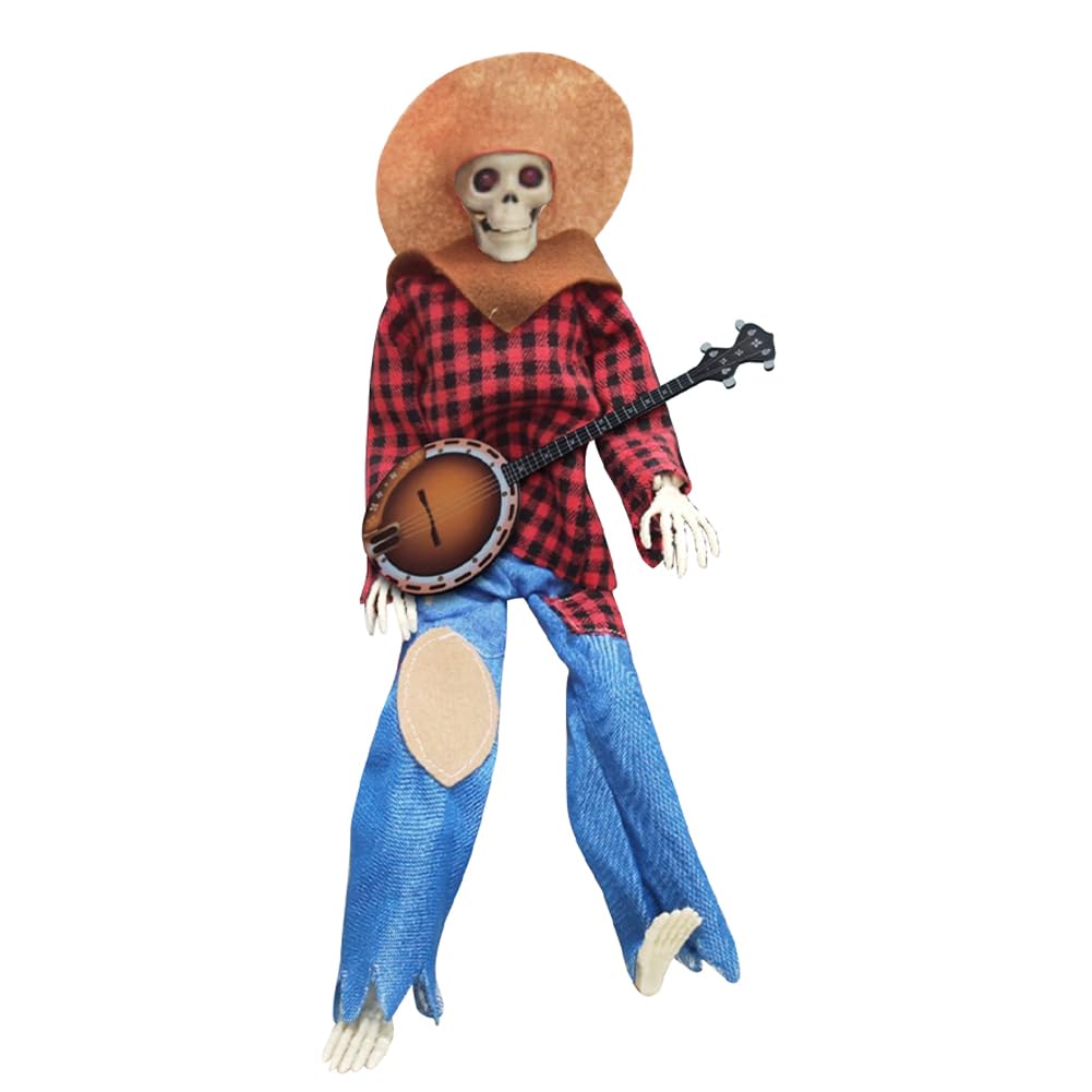 Introti Halloween Banjo Playing Skeletons Decorative Ornaments Halloween Country Skeleton Musicians for Indoor Outdoor Yard Lawn Party (Red)