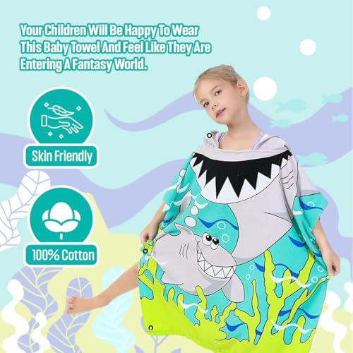 Image of TONY STARK Poncho Towel for Kids, Beach Towel with Hoodie, 60x60cm Travel Towel for 1-7 Years Girls and Boys, Soft Microfiber Sleeved Poncho (Jawsome Shark)