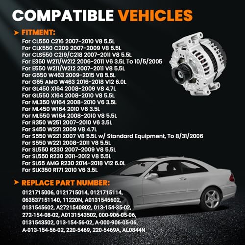 Image of 11220N Alternator 180A Compatible with Mercedes-Benz CL550 CLK550 CLS550 SL550 2007-2012, E350 E550 R350 S300 SLK350 S350 S500 GL450 GL550 ML350 ML450 ML500 2006-2011, SL65 G65 AMG 2014-2018