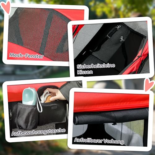 PawHut 2 in 1 Hundewagen Hundebuggy klappbar für Hunde & Katzen bis 30 kg Bollerwagen mit Kissen Netzfenstern 2 Türen Aufbewahrungstasche Katzenwagen Buggy Rot