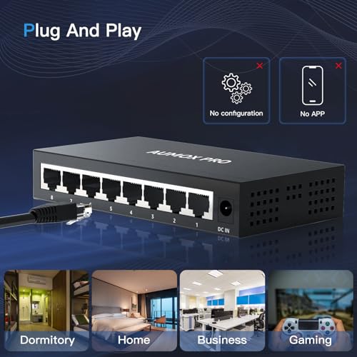 Image of 8 Port Gigabit Unmanaged Ethernet Switch, AUMOX PRO Home Network Hub, Office Ethernet Splitter, Plug-and-Play, Silent Operation, Desktop or Wall Mount, Fanless Metal Design