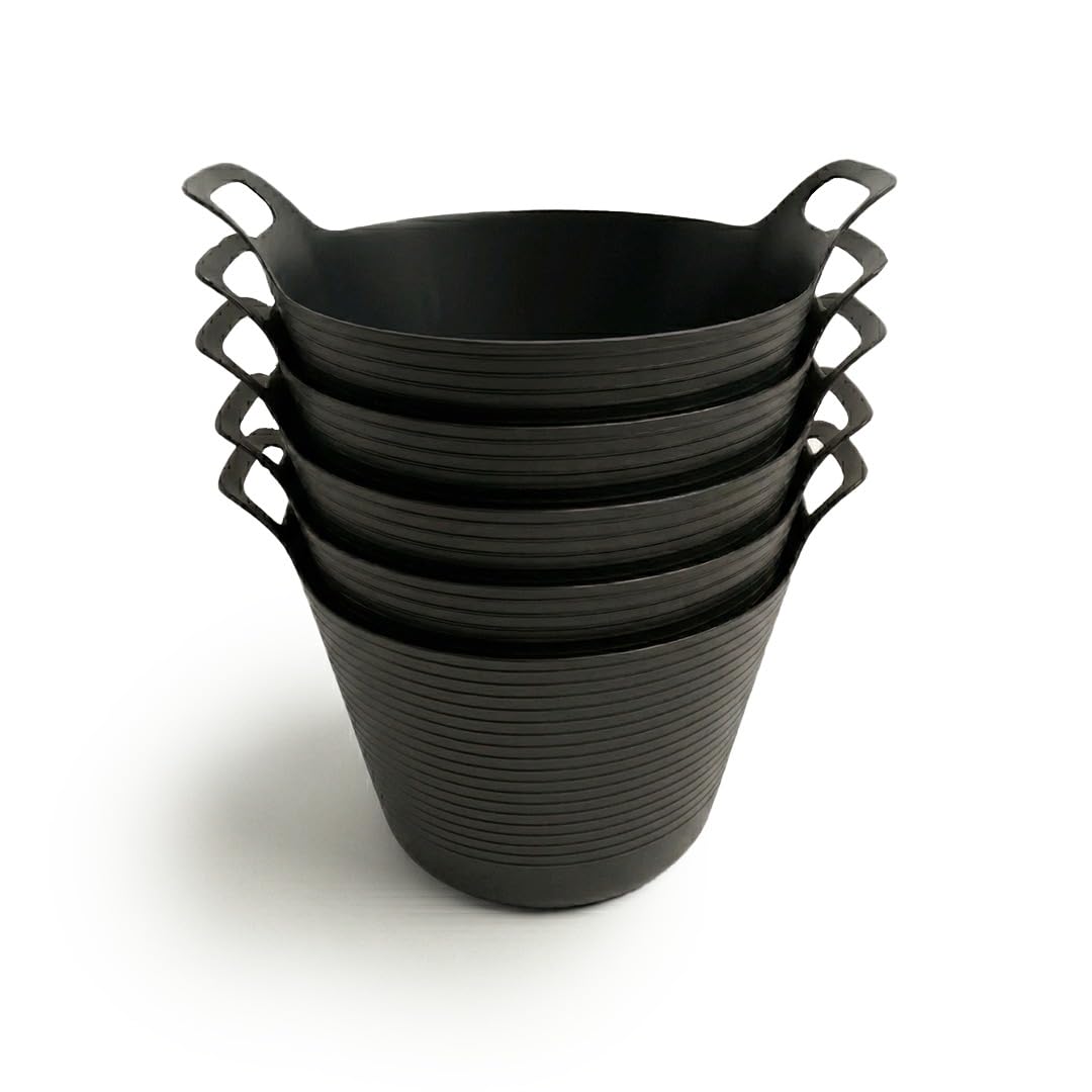 ORGANIZED Flexi Tub Set of 5, 40L Large Heavy Duty Flexible Bucket, Multi-Purpose Garden, Builder and Storage Container (Black)