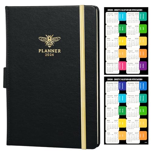 2026 Planner - Planner 2026, JAN 2026 - DEC 2026, 2026 Planner Weekly and Monthly with Calendar Stickers, 5.75" x 8.25", Saffiano Leather, Pen Loop, Back Pocket - Black Bee