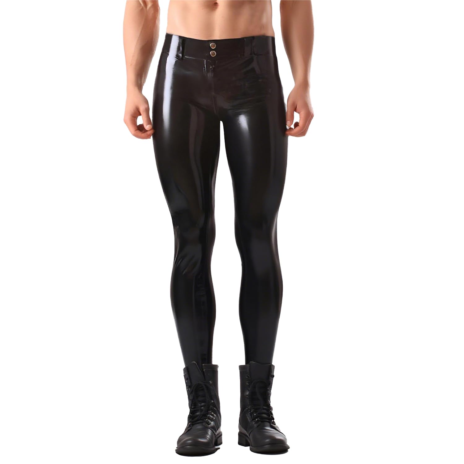 IOKUKI Leggings en Latex pour Hommes,Pantalons en Latex Noirs avec Boutons à La Taille (Chaussettes Non Incluses)