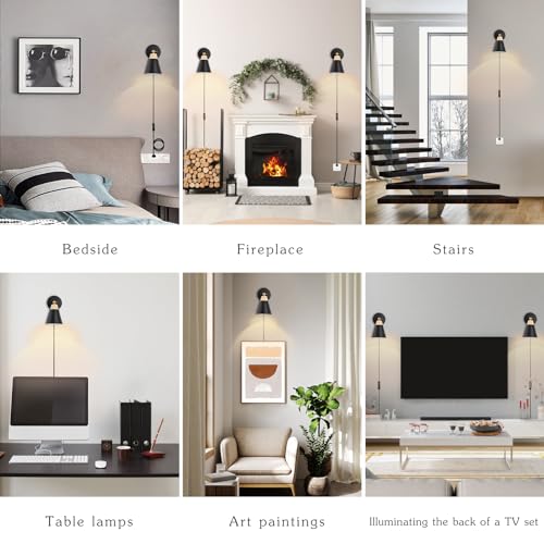 Image of Wall Sconce Set of 2, Wall Sconce with Metal Shade, Plug Switch, Indoor Decor Wall Mount Swing Arm Lamp for Bedroom,Hallway,Living Room,Reading, Black