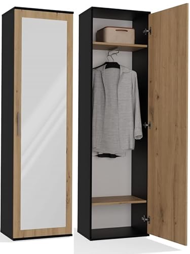 BDW Armoire double avec miroir, penderie moderne, multifonctionnelle, pour couloir, chambre à coucher, chambre d'enfant, 180 x 50 x 35 cm (profondeur) - Anthracite/chêne artisanal