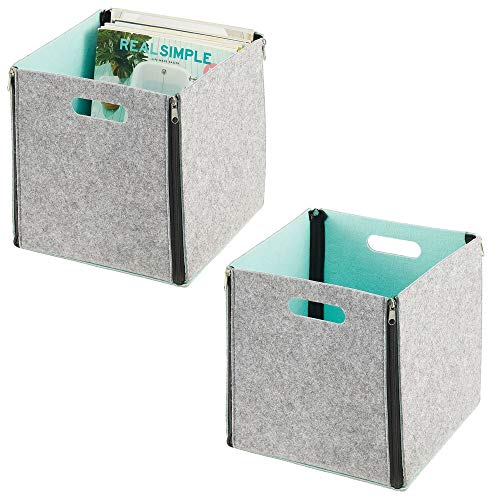 mDesign Juego de 2 organizadores de armario con asas – Caja de tela cuadrada para armario o estantería – Caja de almacenaje plegable con cremalleras – gris claro y verde menta