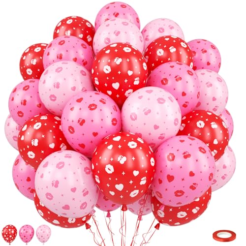 Image of Red Pink Printed Balloons, Light Pink and Red Lip Kiss Cherry Printing Balloons For Birthday Baby Shower Love Romantic Themed Party Wedding Bridal Shower Engagement Decorations