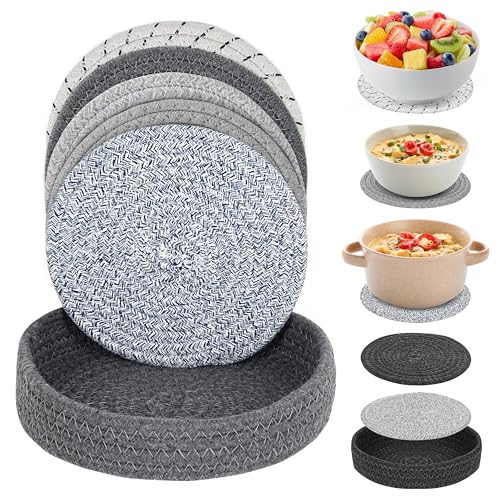 Winter Shore Sous Plat de Table (Lot de 5) - Dessous de Plats en Coton Tissé pour Casseroles & Poêles - Protège Plan de Travail de la Chaleur, Dommages & Humidité - Panier Rangement Inclus - D 18,5 cm
