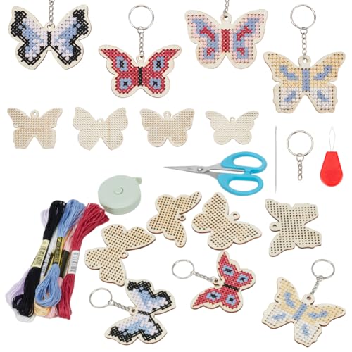 Image of FREEBLOSS 16 Set Wooden Cross Stitch Kits DIY Keychain Wooden Embroidery Set Butterfly Wooden Threading Kit with Instruction Sewing Kits for Ages 8-12 DIY Project Art Craft for Holiday Gift