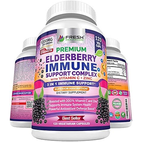 FRESH HEALTHCARE Elderberry Capsules - High Potency Black Elderberry with Zinc and Vitamin C - Premium Elderberry Vitamins for Adults - 3 in 1 Immune Support Supplement Cover