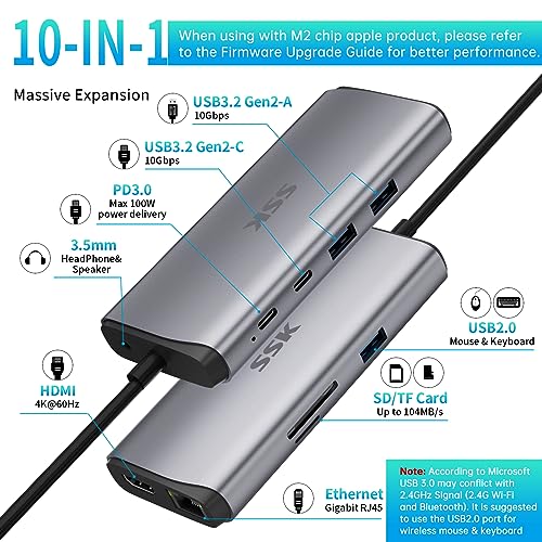Image of SSK 10Gbps USB-C Hub, HDMI 4K 60Hz Dock with Ethernet, USB3.2, 10 in 1 Docking Station Multiport Adapter for USB C MacBook /Laptops, Grey