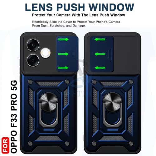 Image of AESTMO Tough Armor Oppo F33 Pro 5G Bumper Back Case Cover | Ring Holder & Sliding Camera Shield Cover | 360 Degree Protection Back Case Cover for Oppo F33 Pro 5G (Blue)