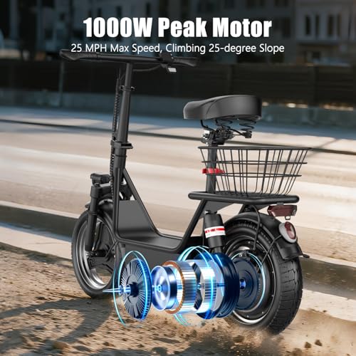 Image of Electric Scooter for Adults, 1000W Peak Motor, Up to 25 MPH 30 Miles, Electric Scooter with Seat, Multiple Suspension, Bright Lights, Provides Comfortable and Safe Ride, 14 inch E Scooter for Commuting