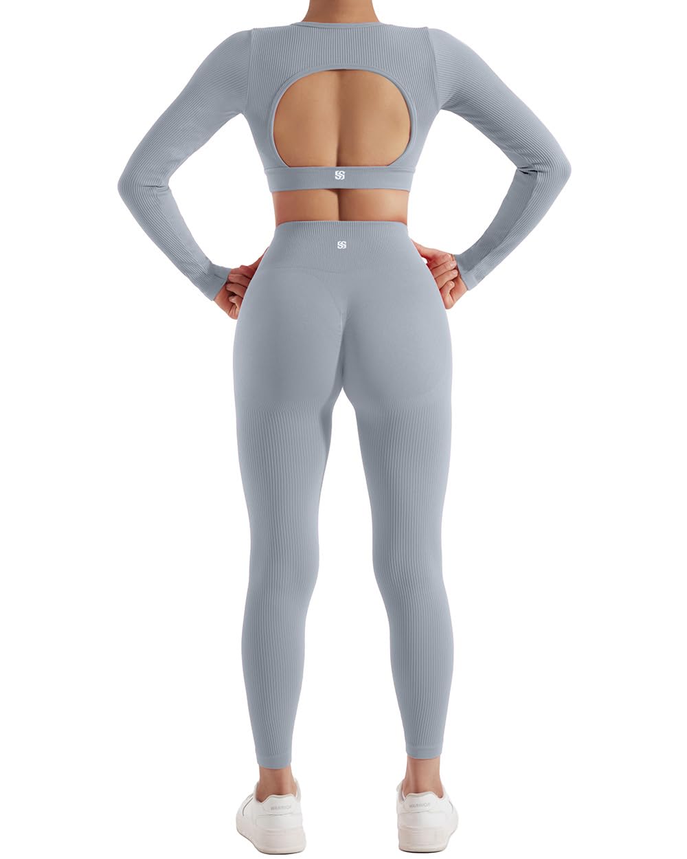 SUUKSESS 2 Piece Workout Sets for Women Long Sleeve Gym Sets Woman Butt Lifting Leggings Open Back Crop Tops: #2 Grey X-Small