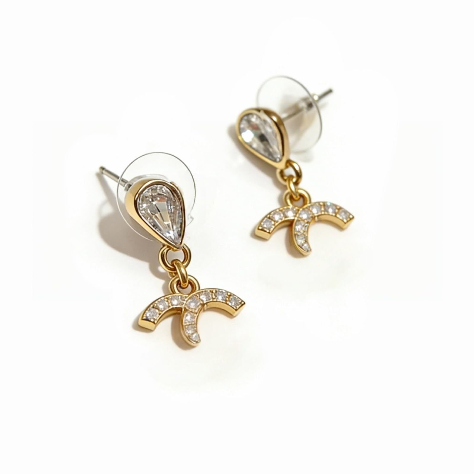 Crystal Heart Stud Drop Earrings, Charm, Rhinestone Embellished, Gold and Silver Tone. — view 2