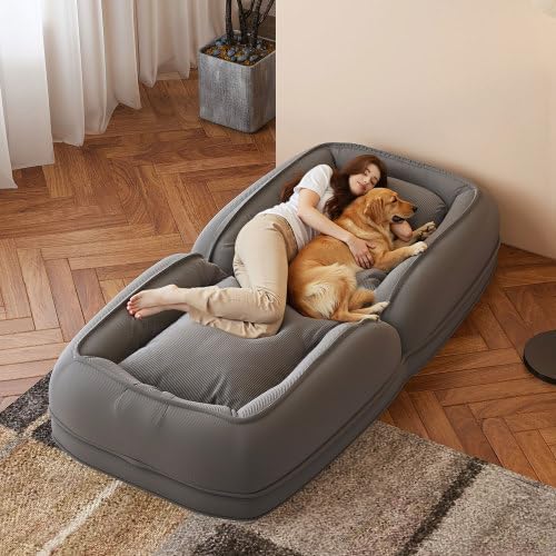 3-in-1 Upholstered Human Dog Bed for Adults & Pets, 5-Position Foldable Lounger Lazy Sofa Bed w/2 Soft Pillows, Comfy Corduroy Convertible Sleeper Chair Bed Bean Bag for Bedroom Living Room (Gray)