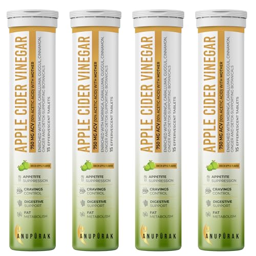 Image of ACV Effervescent Tablets - 750mg Apple Cider Vinegar with Mother | 11 Actives with Caralluma, Moringa & Ceylon Cinnamon | Appetite, Digestive & Metabolic Balance | Green Apple | 60 Tablets (Pack 4)