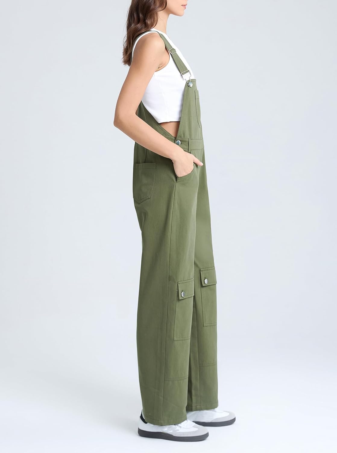 Ladyful Overalls for Women Straight Leg Green Bib Casual Long Pant Rompers Adjustable Strap Jumpsuit with Cargo Pockets