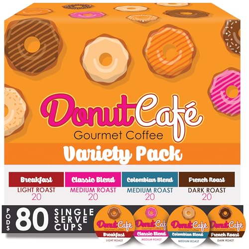 Donut Café K-Cup Coffee Pods, Light Medium and Dark Roast, Variety 80 Count