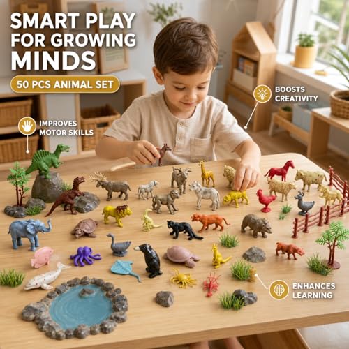 Image of ZESTHOME Kids Animal Toy Set with Farm, Wild, Sea, Bird & Dinosaur Figures | Mini Animal World Playset with Fences, Tree & Egg | Educational Pretend Play Toys for Boys & Girls 3+ | 50 Pieces