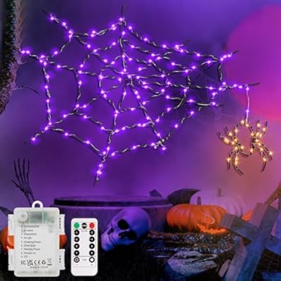 BSGlobal Halloween Window Lights, 19.68” Spider Web Window Lights, 8 Modes Battery Operated Halloween Light with Remote Timer, Waterproof Window Silhouette Light for Indoor Ourdoor Door Yard Decor
