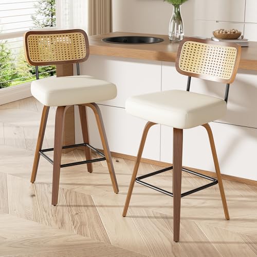 Image of Swivel Bar Stools Set of 1, 26 inch Upholstered Faux Leather Counter Height Barstools with Rattan Back & Bentwood Legs, Mid Century Modern Bar Chairs Island Stools for Kitchen Counter, Cream White