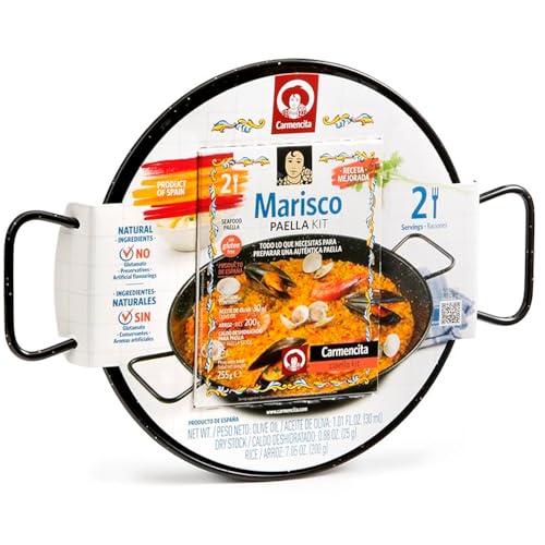 Carmencita - Paella Kit Marisco, Paellera 26 cm | Preparado para paella | Incluye Paellera e ingredientes paella SIN GLUTEN | Paellera apta para inducción, vitrocerámica, eléctrica y gas | 2 Raciones