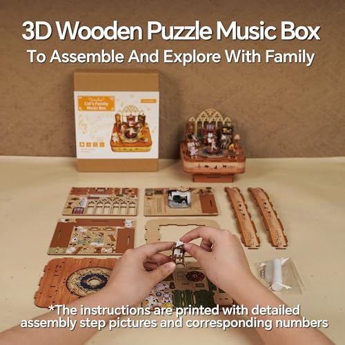 Image of Tonecheer Wooden Music Box Puzzle for Adults,DIY Rotating Music Box Kit 3D Creative Musical Puzzle Crafts Model Building Kits Desk Decor for Teens Kids Birthday Gift (Cats Family)
