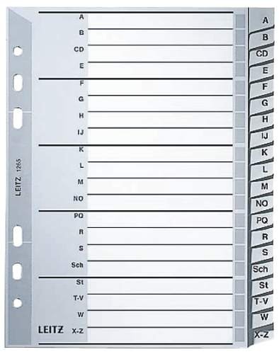 Leitz Register für A5, Deckblatt aus Karton und 20 Trennblätter aus Kunststoff, Taben mit alphabetischem Aufdruck A-Z, Überbreite, Grau, 12650000 (10 Register)