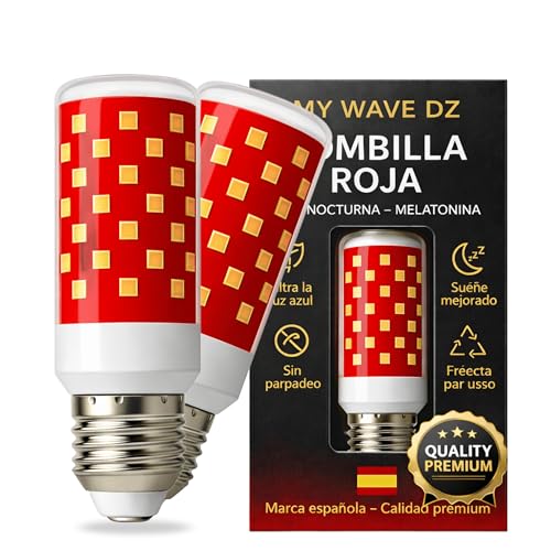MY WAVE DZ Bombilla Luz Roja Nocturna Melatonina E27 E14 – Pack 2 Bombillas Rojas Sin Luz Azul ni Flicker – Luz Roja Bebé, Lactancia, Descanso y Sueño Profundo