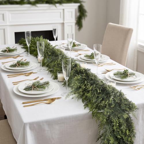 Image of Hananona 9FT Artificial Cedar Garlands, 2Pcs Real Touch Soft Cedar Pine Garland, Winter Artificial Greenery Garland for Fireplace Mantel Staircase Porch Table Indoor Home Decor (2, Dark Green, 9FT)
